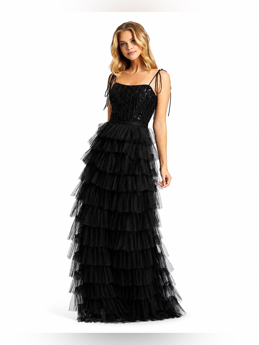 Mac Duggal Black Tiered Tulle Sequin Bodice Maxi Dress